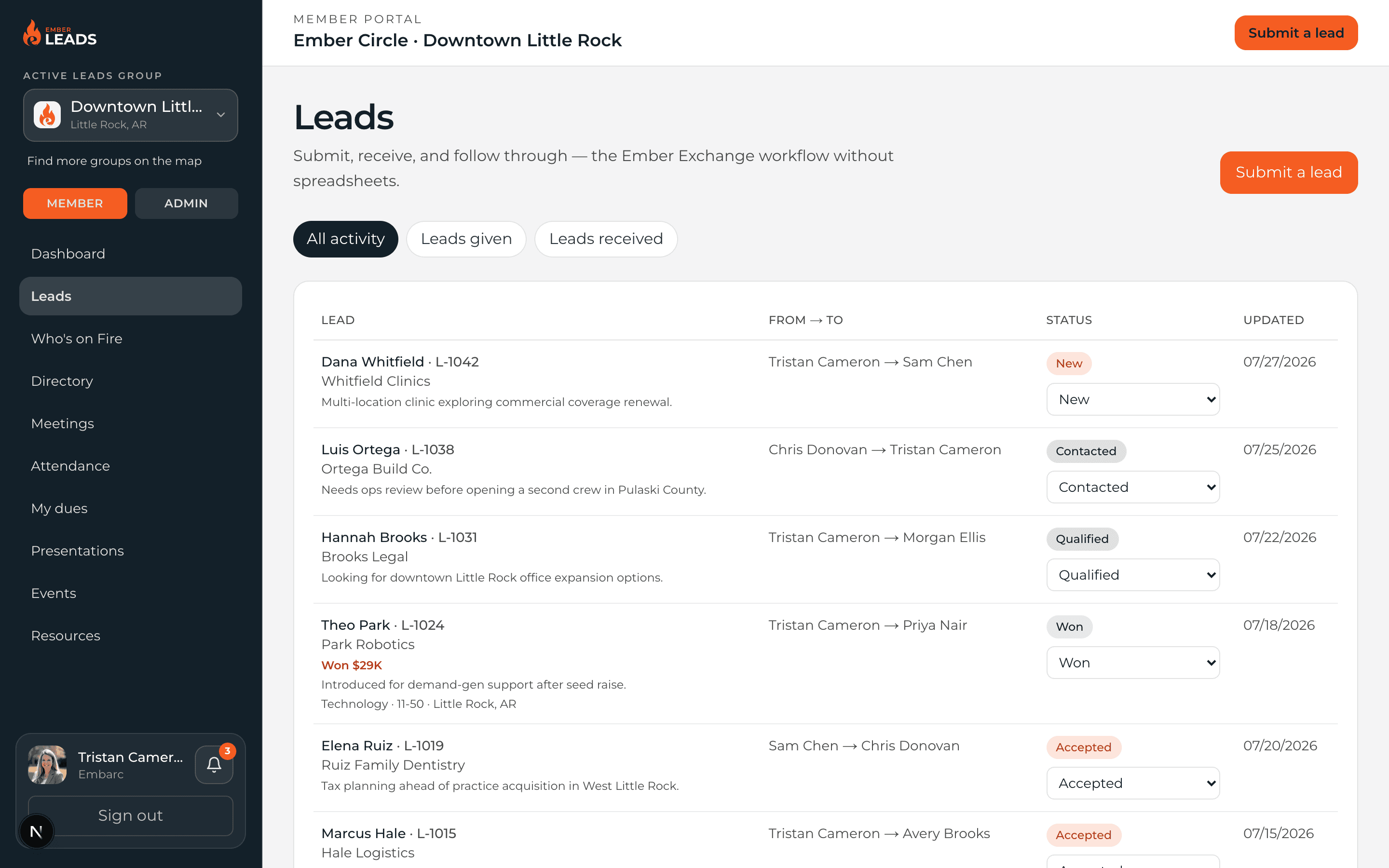 EmberLeads demo chapter leads pipeline with warm referrals